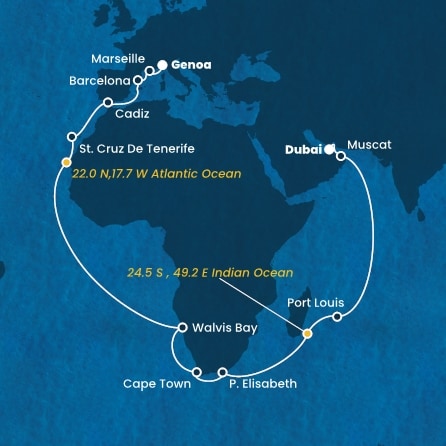 Italy, France, Spain, Canary Islands, Namibia, South Africa, Mauritius, Oman, United Arab Emirates