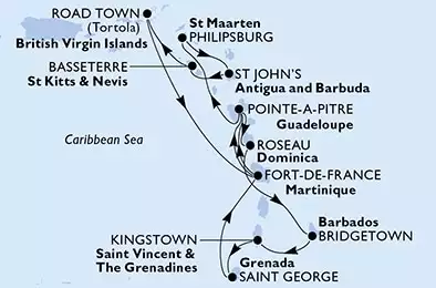 Fort de France,Pointe-a-Pitre,Philipsburg,St John s,Basseterre,Road Town,Fort de France,Pointe-a-Pitre,Roseau,Bridgetown,Kingstown,Saint George,Fort de France