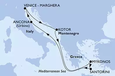 Ancona,Venice-Marghera,Kotor,Mykonos,Mykonos,Santorini,Ancona