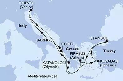 Piraeus,Kusadasi,Istanbul,Corfu,Bari,Trieste,Katakolon,Piraeus