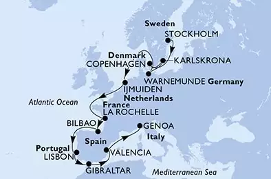 Stockholm,Copenhagen,Karlskrona,Warnemunde,IJmuiden,La Rochelle,Bilbao,Lisbon,Gibraltar,Valencia,Genoa