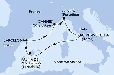 Civitavecchia,Palma de Mallorca,Barcelona,Cannes,Genoa,Civitavecchia