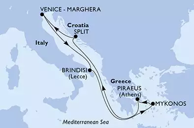 Brindisi,Mykonos,Piraeus,Split,Venice-Marghera,Brindisi