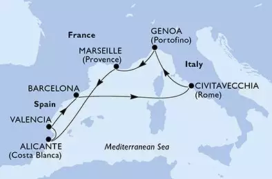 Barcelona,Civitavecchia,Genoa,Marseille,Alicante,Valencia,Barcelona