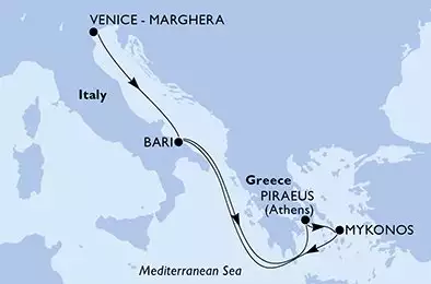 Venice-Marghera,Bari,Piraeus,Mykonos,Bari