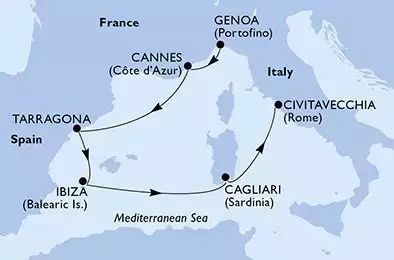 Genoa,Cannes,Tarragona,Ibiza,Cagliari,Civitavecchia