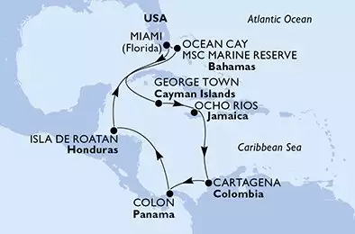 Miami,George Town,Ocho Rios,Cartagena,Colon,Isla de Roatan,Ocean Cay,Miami