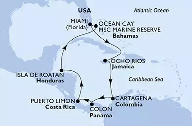 Miami,Ocho Rios,Cartagena,Colon,Puerto Limon,Isla de Roatan,Ocean Cay,Miami