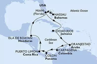 Miami,Nassau,Miami,Ocho Rios,Oranjestad,Cartagena,Colon,Puerto Limon,Isla de Roatan,Miami