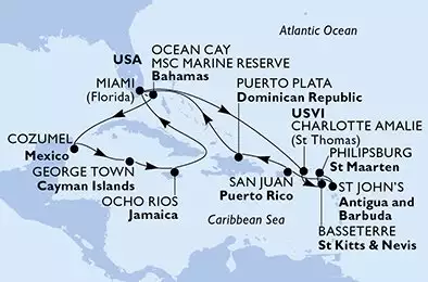 Miami,Charlotte Amalie,Basseterre,Philipsburg,St John s,San Juan,Puerto Plata,Miami,Ocean Cay,Cozumel,George Town,Ocho Rios,Miami