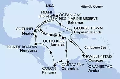 Miami,George Town,Ocho Rios,Cartagena,Colon,Isla de Roatan,Ocean Cay,Miami,Cozumel,George Town,Ocho Rios,Willemstad,Oranjestad,Miami