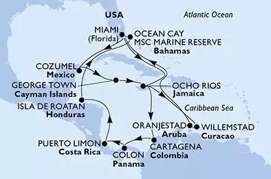 Miami,Ocho Rios,Cartagena,Colon,Puerto Limon,Isla de Roatan,Ocean Cay,Miami,Cozumel,George Town,Ocho Rios,Willemstad,Oranjestad,Miami