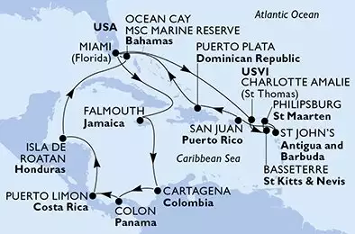 Miami,Falmouth,Cartagena,Colon,Puerto Limon,Isla de Roatan,Ocean Cay,Miami,Charlotte Amalie,Basseterre,Philipsburg,St John s,San Juan,Puerto Plata,Miami