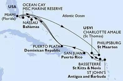 Miami,Philipsburg,Charlotte Amalie,Basseterre,St John s,San Juan,Puerto Plata,Miami,Puerto Plata,Nassau,Ocean Cay,Miami