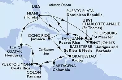 Miami,Ocho Rios,Oranjestad,Cartagena,Colon,Puerto Limon,Isla de Roatan,Miami,Philipsburg,Charlotte Amalie,Basseterre,St John s,San Juan,Puerto Plata,Miami