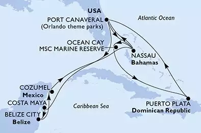 Port Canaveral,Nassau,Ocean Cay,Puerto Plata,Port Canaveral,Costa Maya,Belize City,Cozumel,Nassau,Port Canaveral