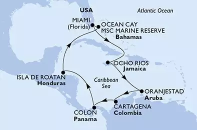 Miami,Ocho Rios,Oranjestad,Cartagena,Colon,Isla de Roatan,Ocean Cay,Miami