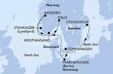 Stockholm,Copenhagen,Warnemunde,Stavanger,Eidfjord,Kristiansand,Oslo