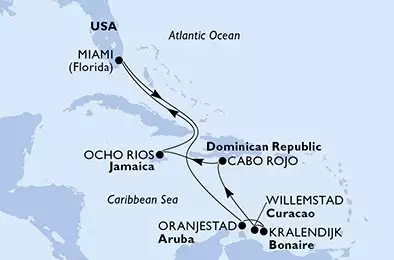 Miami,Oranjestad,Kralendijk,Willemstad,Cabo Rojo,Ocho Rios,Miami