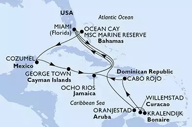 Miami,Oranjestad,Kralendijk,Willemstad,Cabo Rojo,Ocho Rios,Miami,Ocean Cay,Cozumel,George Town,Ocho Rios,Miami