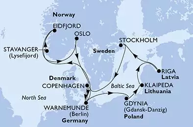 Warnemunde,Stavanger,Eidfjord,Oslo,Copenhagen,Warnemunde,Gdynia,Klaipeda,Riga,Stockholm,Copenhagen,Warnemunde