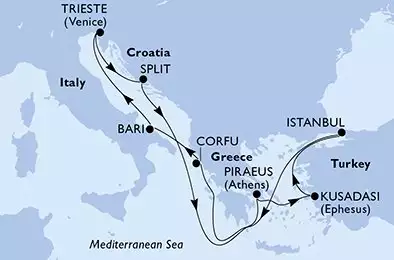 Split,Piraeus,Kusadasi,Istanbul,Corfu,Bari,Trieste,Split