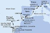 Genoa,Marseille,Barcelona,Malaga,Gibraltar,Lisbon,Casablanca,Funchal,Las Palmas de G.Canaria,Santa Cruz de La Palma,Santa Cruz de Tenerife