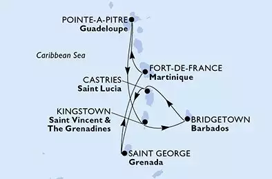 Pointe-a-Pitre,Kingstown,Bridgetown,Castries,Saint George,Fort de France,Pointe-a-Pitre