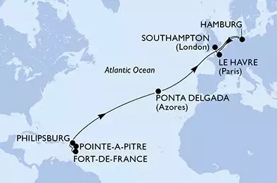 Fort de France,Pointe-a-Pitre,Philipsburg,Ponta Delgada,Hamburg,Le Havre,Southampton