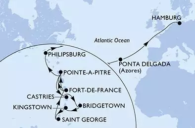 Fort de France,Pointe-a-Pitre,Castries,Bridgetown,Kingstown,Saint George,Fort de France,Pointe-a-Pitre,Philipsburg,Ponta Delgada,Hamburg