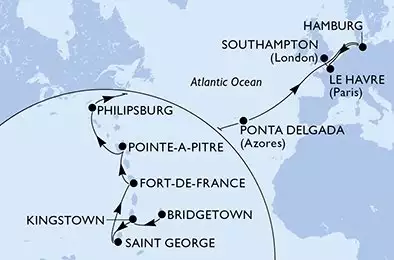 Bridgetown,Kingstown,Saint George,Fort de France,Pointe-a-Pitre,Philipsburg,Ponta Delgada,Hamburg,Le Havre,Southampton