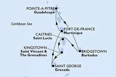 Pointe-a-Pitre,Bridgetown,Castries,Kingstown,Saint George,Fort de France,Pointe-a-Pitre