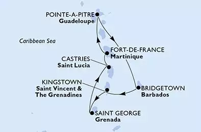 Pointe-a-Pitre,Bridgetown,Kingstown,Saint George,Castries,Fort de France,Pointe-a-Pitre