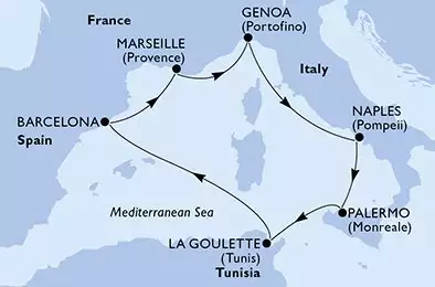 Genoa,Naples,Palermo,La Goulette,Barcelona,Marseille,Genoa